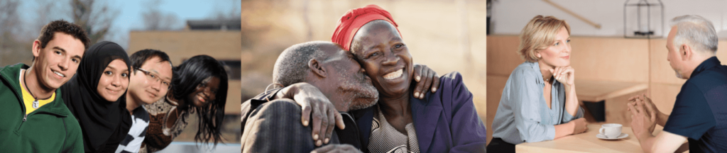 Image d'un couple qui communique bien grâce à l'expression responsable et de plusieurs personnes heureuses dont les besoins affectifs sont comblés